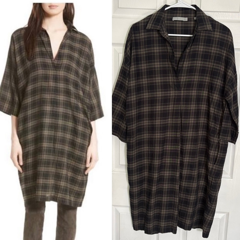 Vince Easy Pullover Cotton Cocoon Dress S Brown Black Plaid Tunic